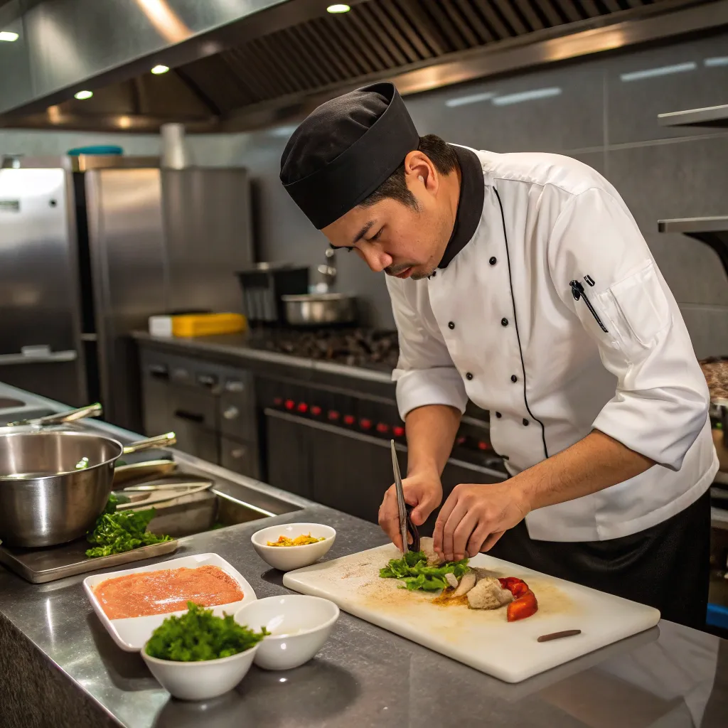 Chef preparing gourmet dish in professional kitchen