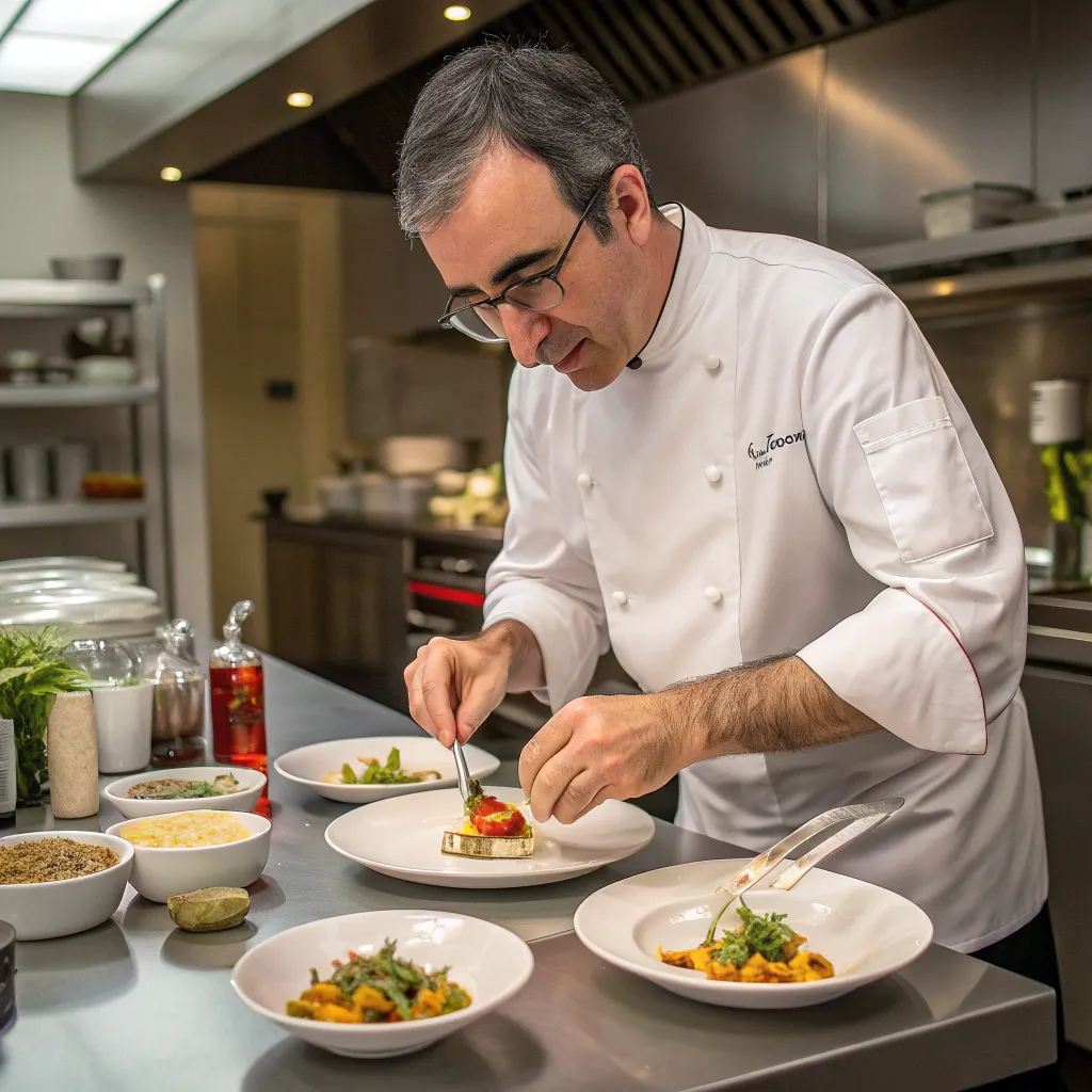 John Oliver preparing a gourmet dish in a professional kitchen