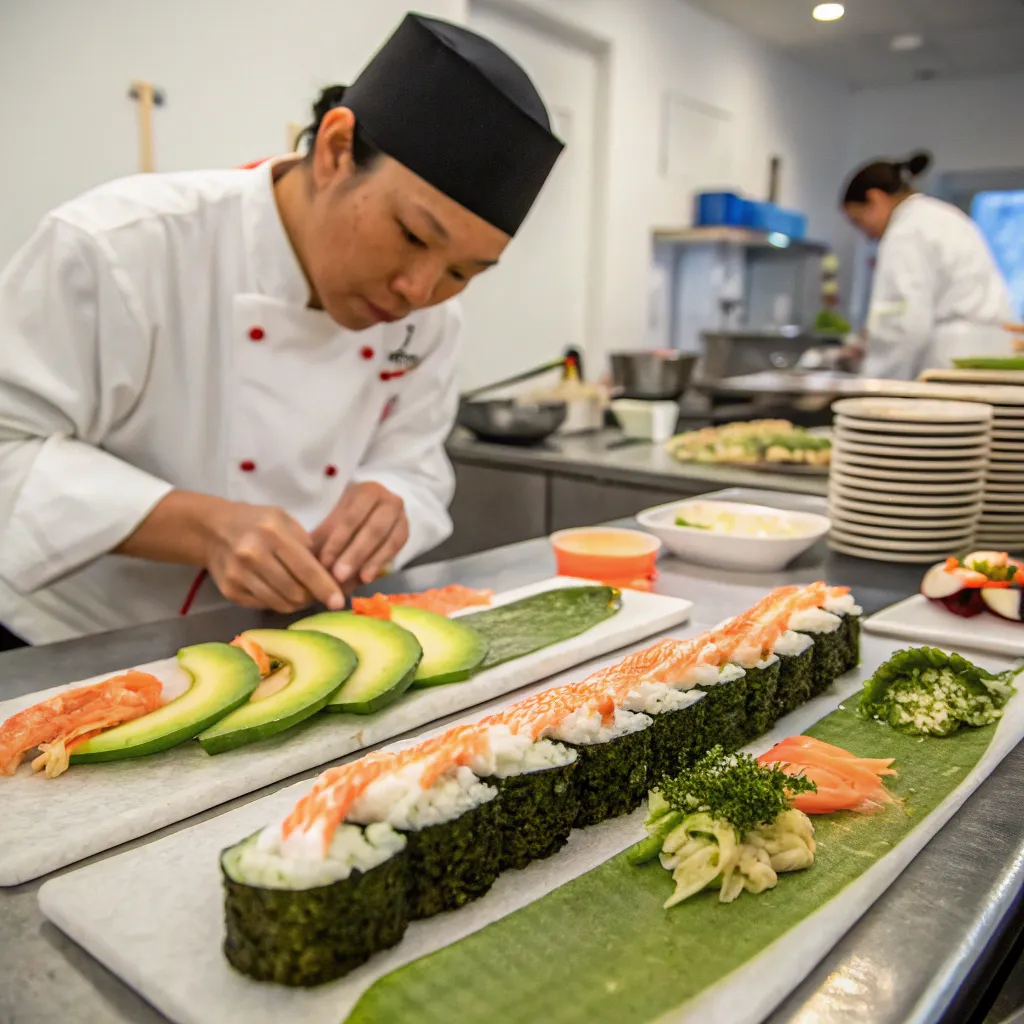 Sushi rolls being prepared